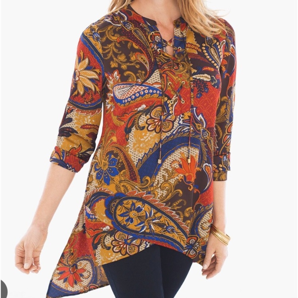 CHICO’S SIZE 2 ( LARGE ) VINTAGE PAISLEY PRINT PEASANT TUNIC TOP - Picture 7 of 11